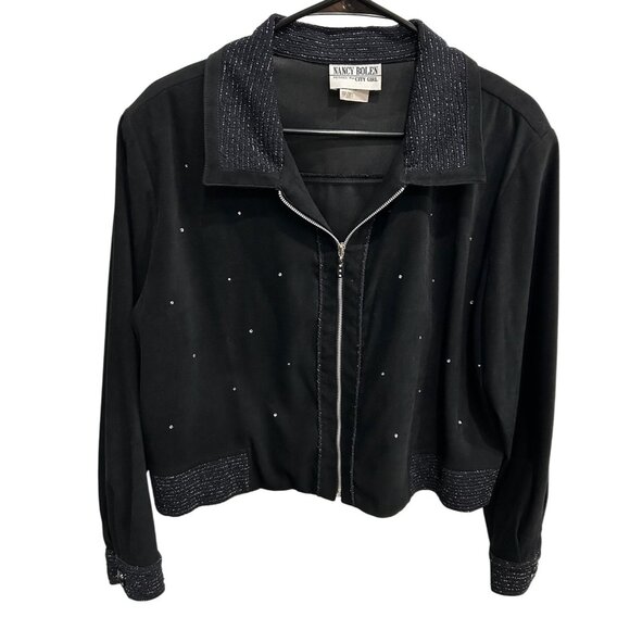 Vintage Nancy Bolen Black Rhinestone Zip Up Jacket Shimmering Trim Sz Large - Picture 1 of 9